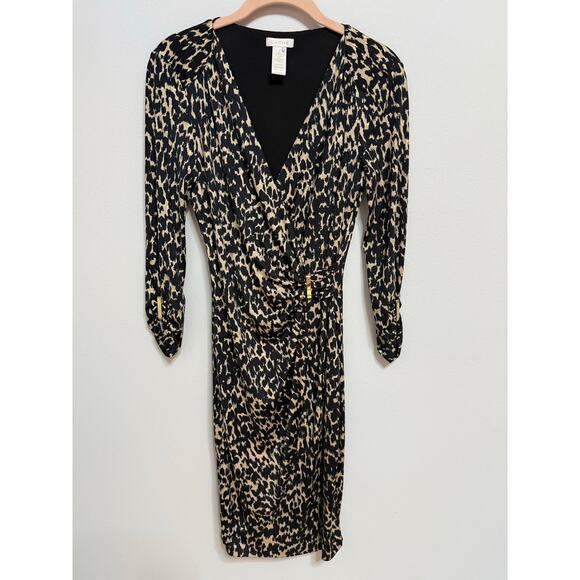 Cache XS 1990’s Y2K leopard cheetah faux wrap cocktail dress black gold ruched - Picture 1 of 7